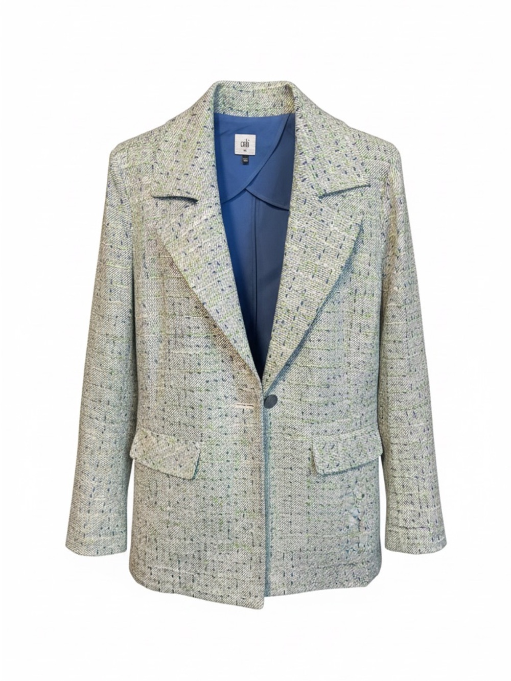 CAbi Textured Tweed Blazer in Light Gray with Blue Lining